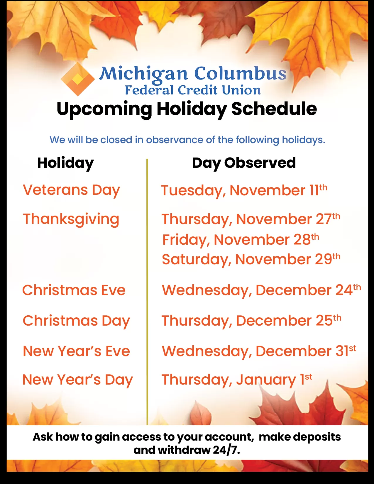 Upcoming Holiday Hours